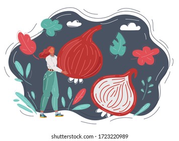 Cartoon vector illustration of woman with big onion on dark background.