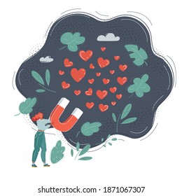Cartoon vector illustration of woman with big giant magnet to attract many hearts. Character on dark background.