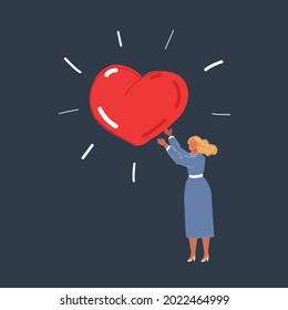 Cartoon vector illustration of woman with big love, like or valentine heart on dark background.