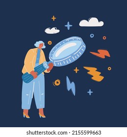 Cartoon vector illustration of woman with big magnifier over dark backround.