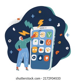Cartoon vector illustration of woman with big Smart phone app over dark backround