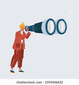 Cartoon vector illustration of woman with binocular on a white background.