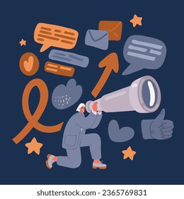 Cartoon vector illustration of woman with binoculars in hands. Woman looks through binoculars. Hand is raised up, indicates the direction over dark backround
