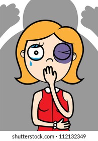 Cartoon vector illustration of a woman with black eye, victim of domestic violence