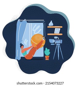 Cartoon vector illustration of woman blogger doing yoga exercises. Sportswoman recording online video with camera on tripod healthy lifestyle live streaming blogging.