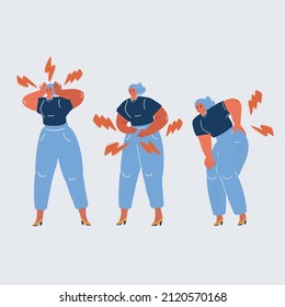 Cartoon vector illustration of woman with body pain in different part. Head, back, and stomack. Pms concept.