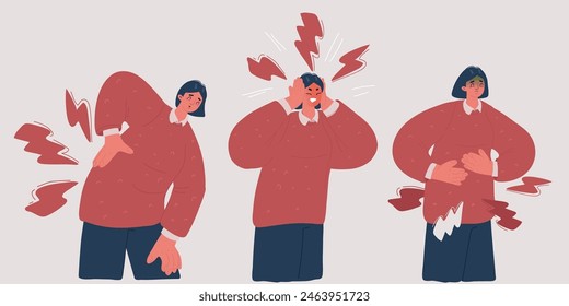 Cartoon vector illustration of woman with body pain in different part. Head, back, and stomack. Pms concept.