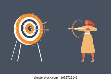 Cartoon vector illustration of woman with bow, shout arrow to the target. Character on dark background.