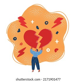 Cartoon vector illustration of woman breaking big heart