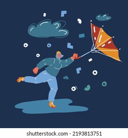 Cartoon Vector Illustration Of Woman Broken Umbrella In Strong Wind, Bad Weather Hurricanes And Storm In City Over Dark Backround