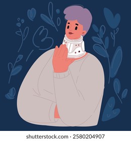 Cartoon vector illustration of woman broken Happy woman in cast neck splints collar. Social security and health insurance concept over dark backround