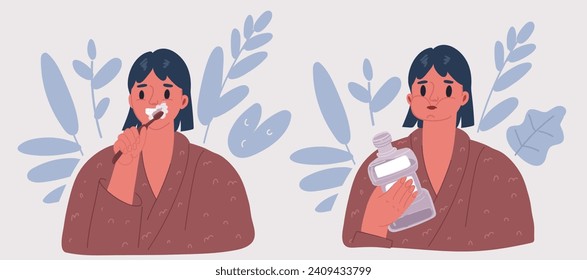 Cartoon vector illustration of woman are brushing teeth together. Toothbrushes in bathroom.Daily routine dental hygiene.
