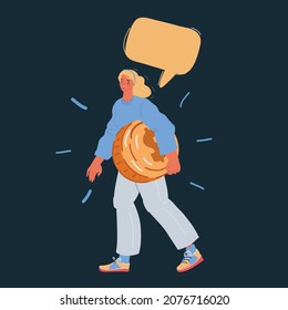 Cartoon vector illustration of woman businesswoman hold big coin on dark backround.