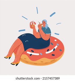 Cartoon vector illustration woman with cake and cupcake on her hands. A sweet tooth lady lay on big donut