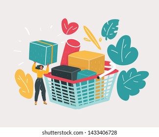 Cartoon vector illustration of Woman is carrying a grocery cart full of groceries in the supermarket.