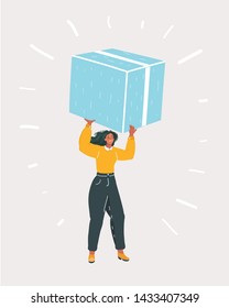 Cartoon Vector Illustration Of Woman Carrying Big Box. Person Holding Big Surprise. Human Character On White Background.