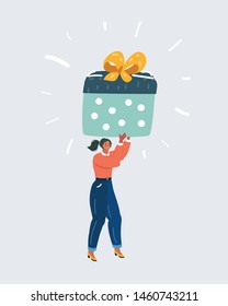 Cartoon vector illustration of woman carrying a large gift box. Bonus or special offer. Present. Human character on white background.