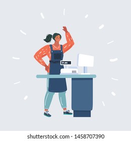 Cartoon vector illustration of woman cashier at the checkout in supermarket. Female cashier working at the cash register. Human character on isolated on white background.