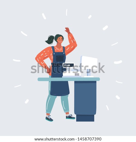 Cartoon vector illustration of woman cashier at the checkout in supermarket. Female cashier working at the cash register. Human character on isolated on white background.