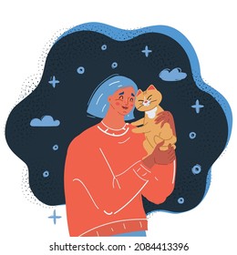 Cartoon vector illustration of Woman and cat hug each other.
