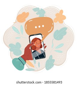Cartoon vector illustration of woman chat with phone. Her face at scene. Speech bubble above. Hand hold smartphone.