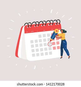 Cartoon vector illustration of woman check calendar have plan on memo, Working and day planning concept. Female human character on white background.