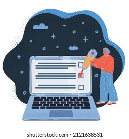 Cartoon vector illustration of Woman checking test on screen of her laptop on dark backround.