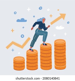 Cartoon vector illustration of Woman is climbing stairs from stacks of coins toward his financial goal. Earning, personal investment and pension savings concept.