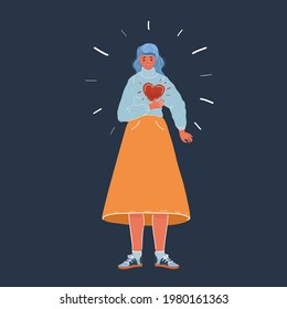 Cartoon vector illustration of woman clutching his chest. She having heart or panic attack. Woman character on dark backgound.