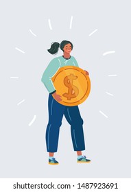 Cartoon vector illustration of woman with Coin money in her hands. Human character on white isolated background.