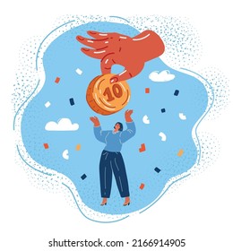 Cartoon vector illustration of woman with coin in her hands.