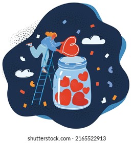 Cartoon vector illustration of woman collect lot of hearts in glass jar over dark backround.