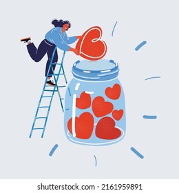 Cartoon vector illustration of woman collects a hearts in glass jar. Save love concept for Valentines Day concept. Likes in social media