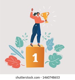 Cartoon Vector Illustration Of Woman Concept Winner Success. Excited Smiling Cartoon Female Hold In Her Hands Trophy Prize. Human Character On White Isolated Background.