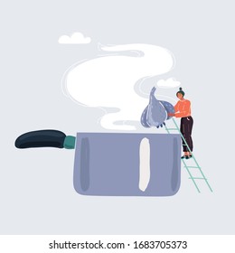 Cartoon vector illustration of cartoon woman cooking with giant pan. She throws big pan in it.