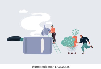 Cartoon vector illustration of Woman cooking in the Kitchen. Tiny character with big pan on white background. Cooking home concept helping at home concept.