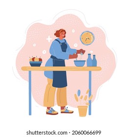 Cartoon vector illustration of woman cooking at home