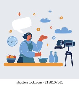 Cartoon vector illustration of woman is cooking in the kitchen and make videoconcept for her blog