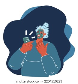 Cartoon vector illustration of woman in cosmitic mask use phone over dark backround