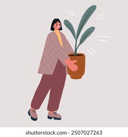 Cartoon vector illustration of Woman in cozy outfit holding plant