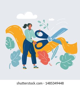 Cartoon vector illustration of woman cutting yellow ribbon with big giant scissor, new project, opening ceremony.