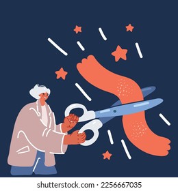 Cartoon vector illustration of Woman cutting red ribbon over dark background