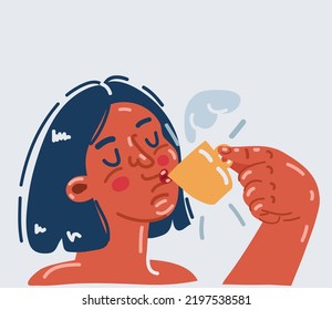 Cartoon vector illustration of woman dirnk coffee or tea. Close up view