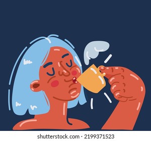 Cartoon vector illustration of woman Dirnk morning coffee over dark backround