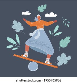 Cartoon Vector Illustration Of Woman Doing A Balancing Act On Dark Background.