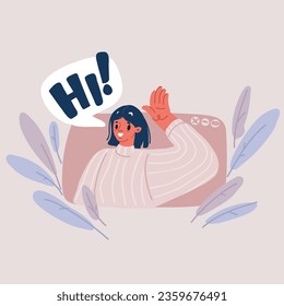 Cartoon vector illustration of woman doing greet pose and say hi