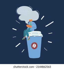 Cartoon vector illustration of woman drinking coffee sitting on giant paper cup over dark backround.