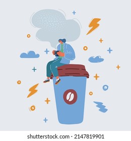 Cartoon vector illustration of woman drinking coffee on big giant cup