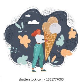 Cartoon vector illustration of woman eating ice cream cones on dark background.