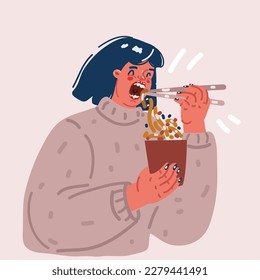 Cartoon vector illustration of woman eating bowl of noodles with chopsticks